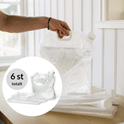 Hand som håller en vattenpåse. En cirkel visar 6 vattenpåsar totalt.