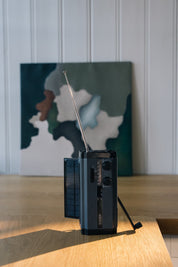 En sort håndsvingradio med solpanel og udfoldet antenne, placeret på et træbord foran et abstrakt maleri.