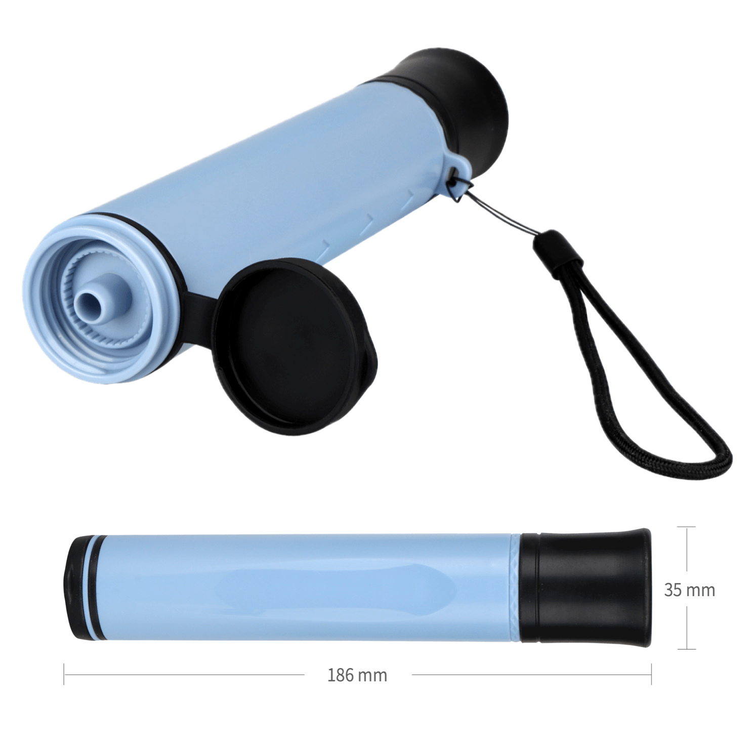 En ljusblå, demonterad vattenfilterflaska med märkta delar som filter, munstycke, och rem.