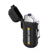 En svart, öppen, vattentät tändare med texten "EXPLORER" i gult, som visar den inre mekanismen.