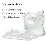 To gennemsigtige, sammenklappelige vandbeholdere med håndtag er vist mod en hvid baggrund. I teksten står der, at der er tre beholdere, 10 liter pr. beholder og sammenklappeligt design.