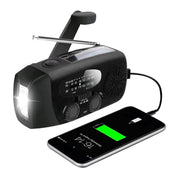 Närbild på inställningsrattarna och av/på-knappen på en svart nödradio.