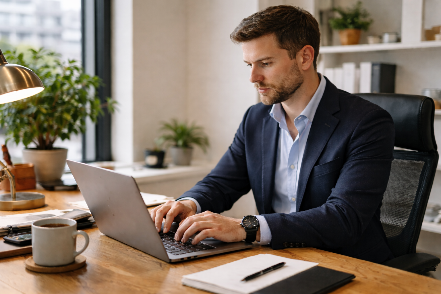 Svensk man i ett kontor arbetar koncentrerat vid sin dator med dokument och anteckningar, i en miljö som signalerar noggrann granskning, kvalitetssäkring och ansvar i beslutsprocesser.