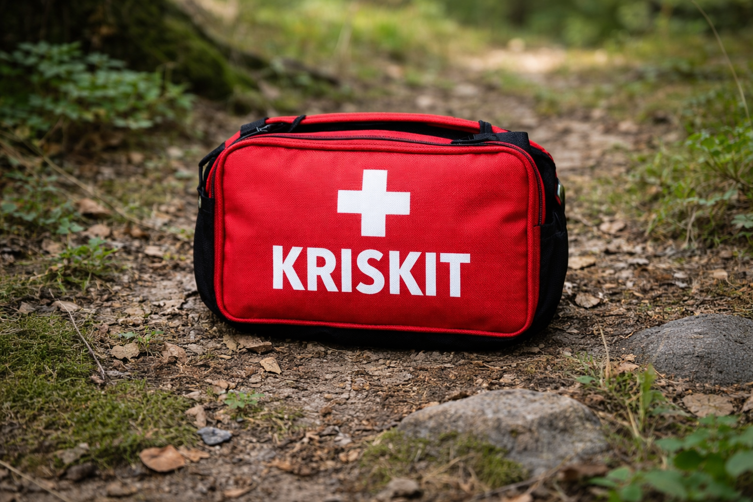 Rött kriskit med första hjälpen-symbol placerat utomhus som exempel på portabel hemberedskap och krisutrustning