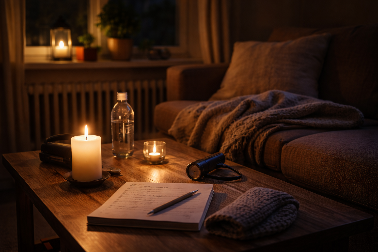 Vardagsrum i svensk lägenhet vid strömavbrott med levande ljus, vattenflaska och anteckningar på soffbord – lugn kvällsmiljö under kris.