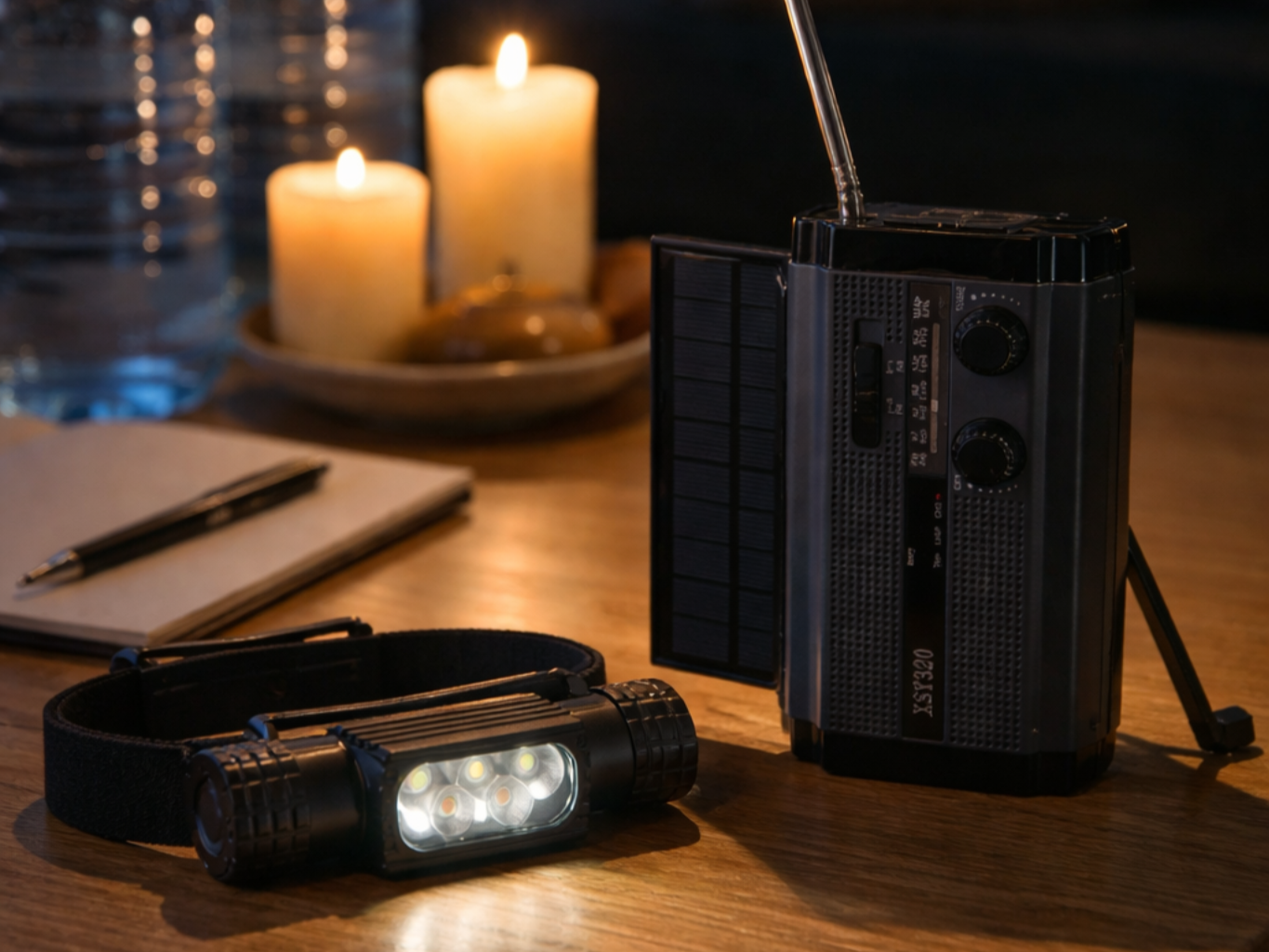 Vevradio och LED-pannlampa på bord i svensk lägenhet vid strömavbrott, med vattenflaskor och levande ljus som del av hemberedskap